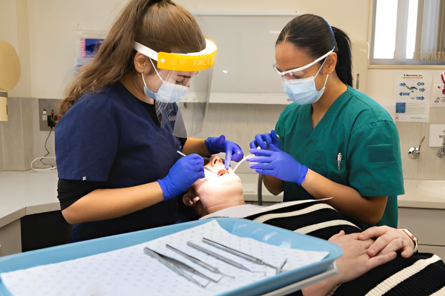 Image: ADF dental assistant Private Juliana De Veyra assists oral health therapist Athanasia Nikolakopoulos with cleaning procedure at Frankston Community Dental, Victoria. Photo: Leading Seaman Sittichai Sakonpoonpol